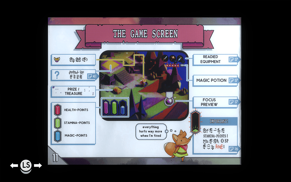 Tunic gameplay screenshot showing the in-game instruction booklet page explaining health, stamina and magic points