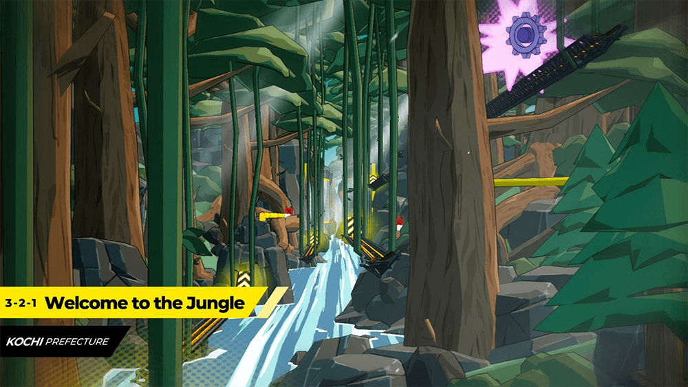 Denshattack gameplay screenshot showing a train grinding through a stylized forest level in Kochi Prefecture