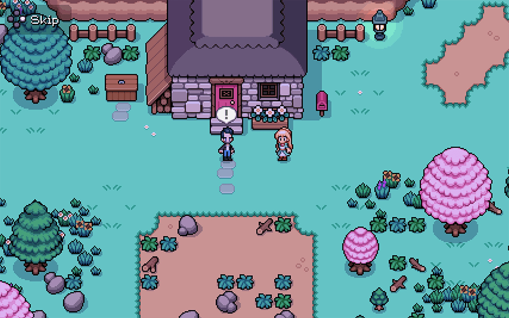 Fields of Mistria pixel art screenshot showing two characters talking outside a stone cottage