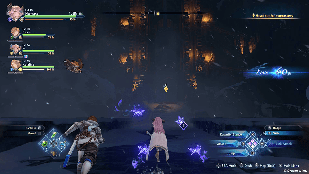 Granblue Fantasy Relink gameplay screenshot showing a four person party fighting enemies in a snowy ruined temple