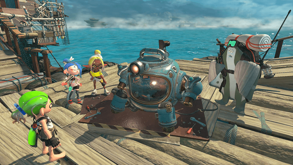 Splatoon Raiders screenshot showing Inkling characters standing next to a diving suit machine on a wooden dock