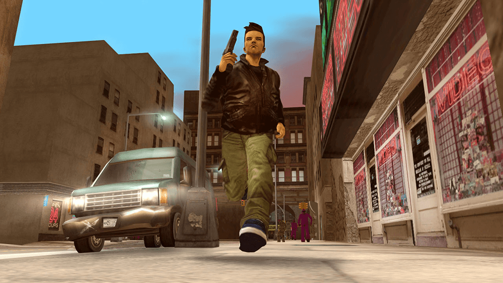 Grand Theft Auto 3 screenshot showing Claude walking down a city street holding a pistol at dusk