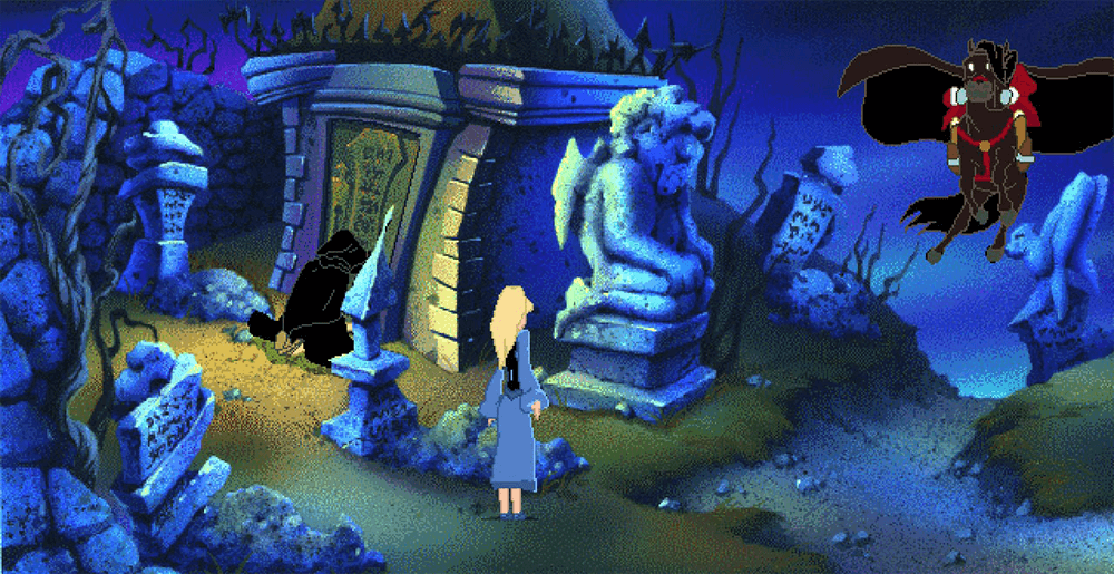 King's Quest 7 screenshot showing a young woman standing before an ornate ancient gate with a hooded figure and a flying horse creature nearby