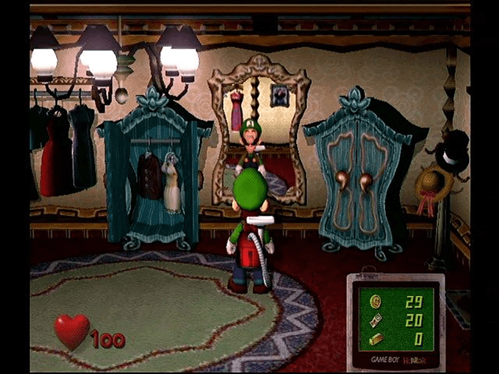 Luigi's Mansion screenshot showing Luigi vacuuming in an old bedroom with wardrobes and a mirror
