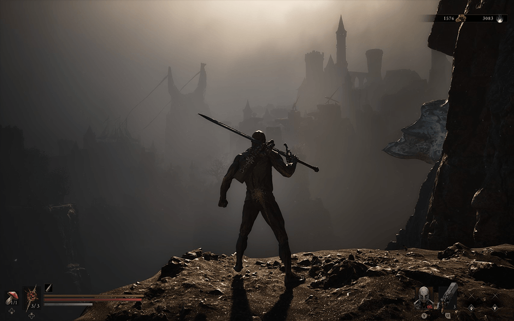 Mortal Shell II gameplay screenshot showing the hero silhouetted against a hazy ruined castle skyline