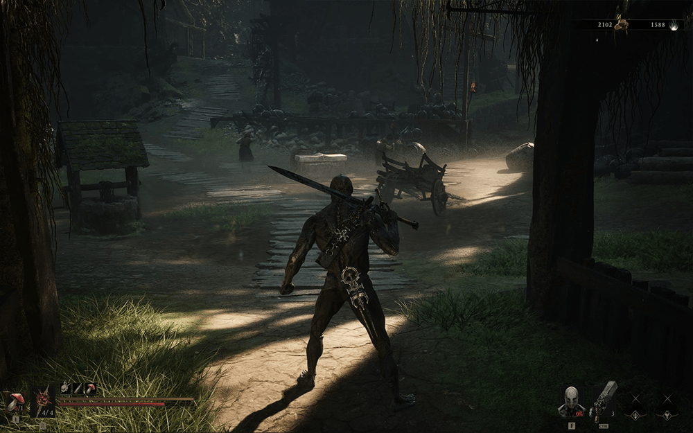 Mortal Shell II gameplay screenshot showing the hero exploring a misty forest village with a wagon and well