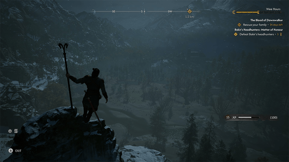 The Blood of Dawnwalker gameplay screenshot showing Coen overlooking a misty mountain valley during the Wee Hours