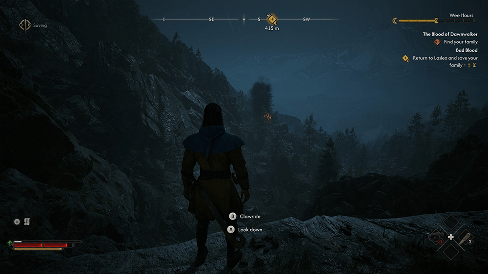 The Blood of Dawnwalker gameplay screenshot showing Coen standing on a cliff at night with a quest to save his family