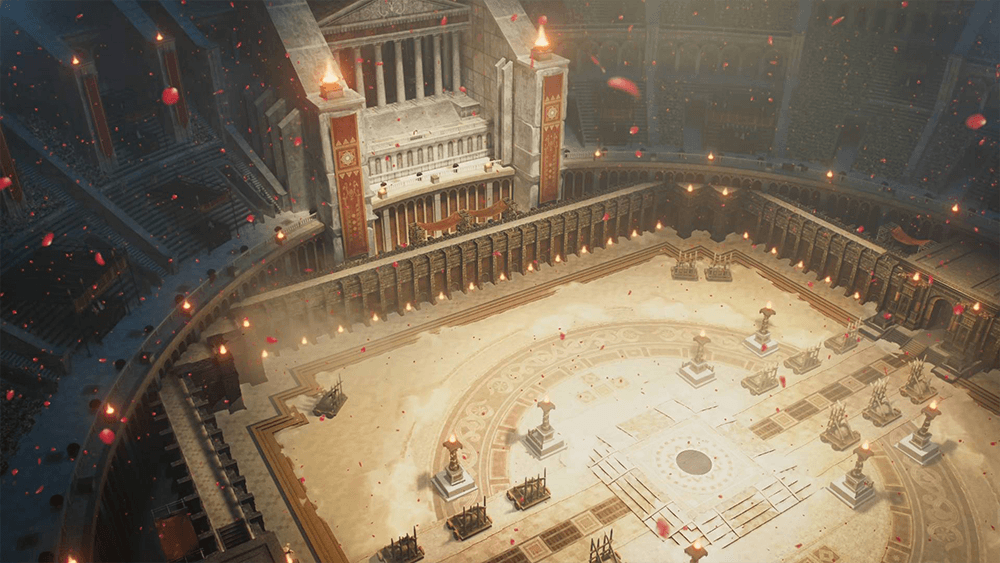 Fire Emblem Fortune's Weave screenshot showing a large torch-lit colosseum arena with red petals drifting through the air
