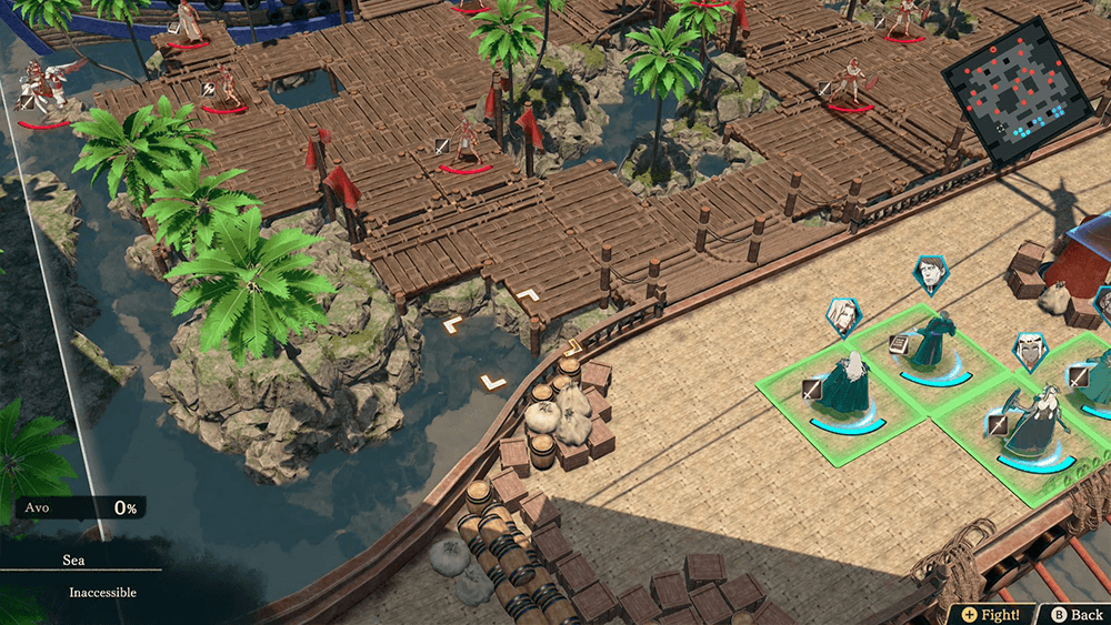 Fire Emblem Fortune's Weave tactical battle screenshot showing a party on a ship deck facing enemies across wooden docks and palm trees