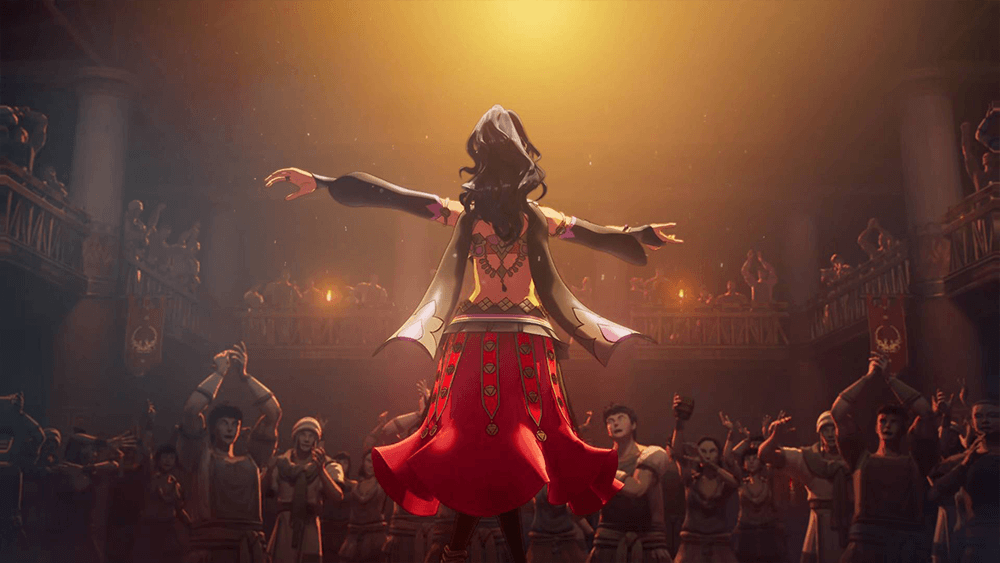 Fire Emblem Fortune's Weave cutscene showing a performer in a red skirt standing with outstretched arms before a cheering arena crowd