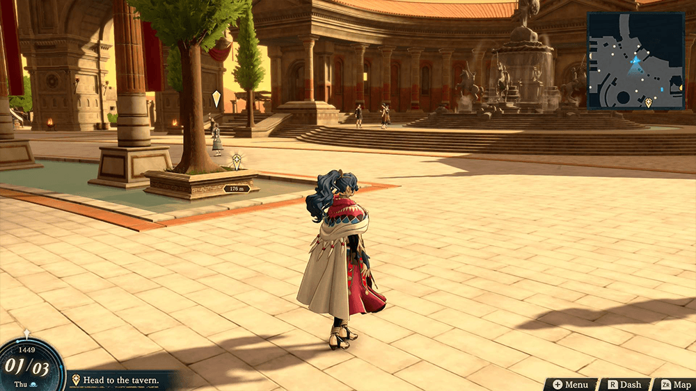 Fire Emblem Fortune's Weave gameplay screenshot showing a character exploring a sunlit city plaza during the free time calendar phase