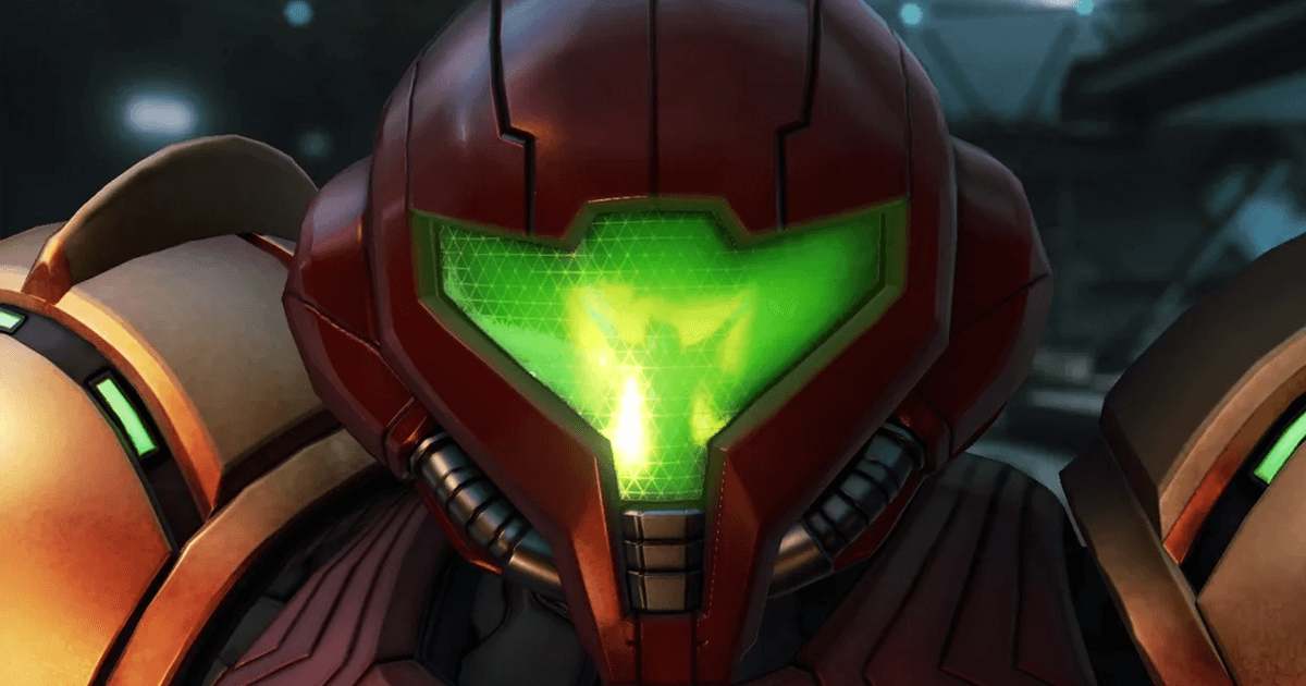 A screenshot from Metroid Prime 4 showing Samus Aran in her Helmut closeup