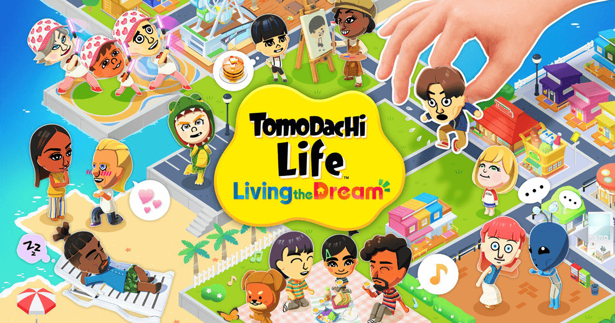 Keyart from tomodachi life living the dream showing many miis and the title screen