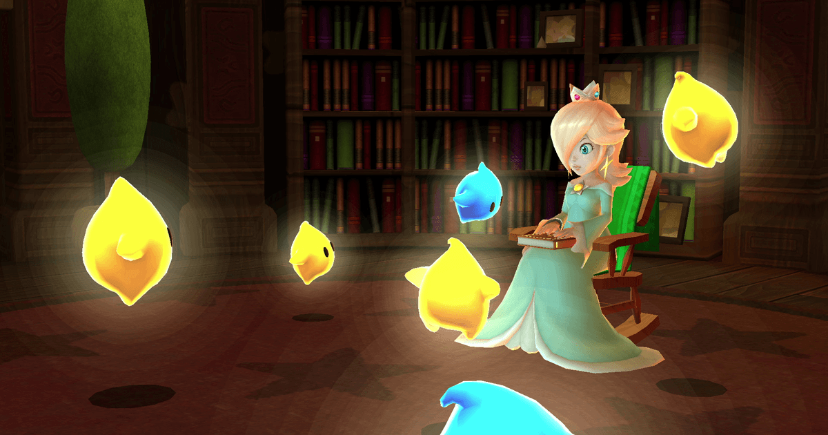 Super Mario Galaxy screenshot showing Rosalina reading a storybook surrounded by glowing Lumas in her library