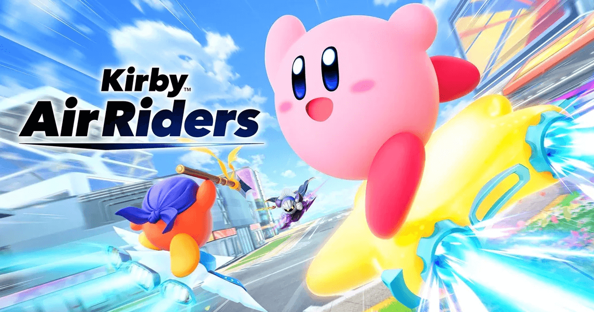 Kirby Air Riders Keyart showing Kirby flying on a star machine