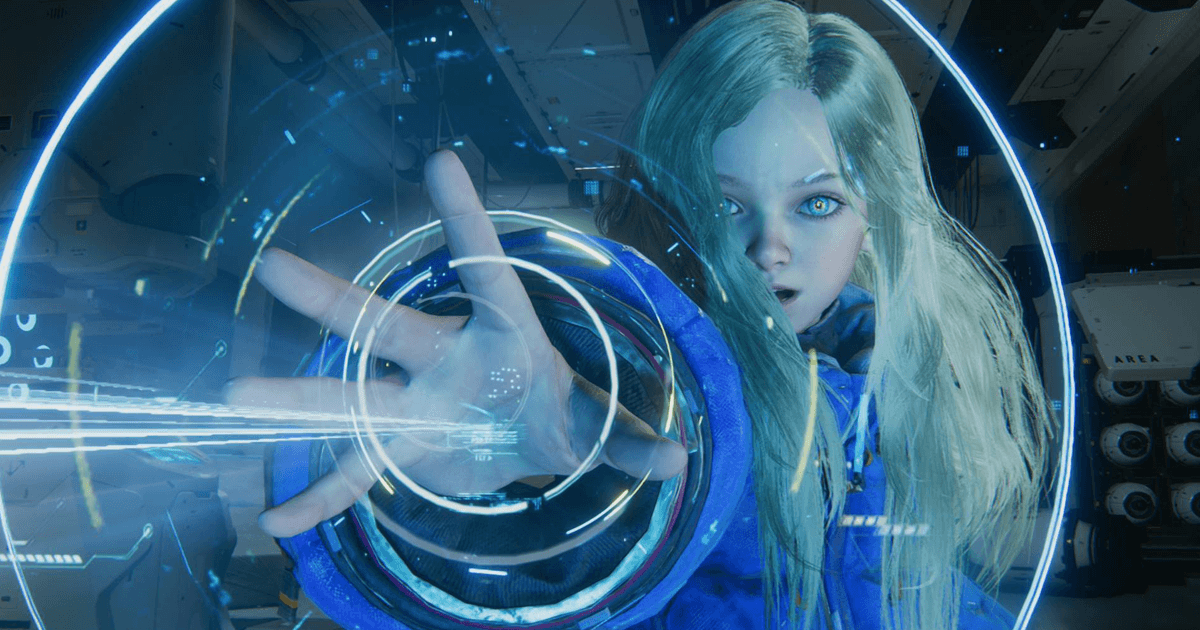 a screenshot of the game pragmata showing the main charakter diana a blond girl