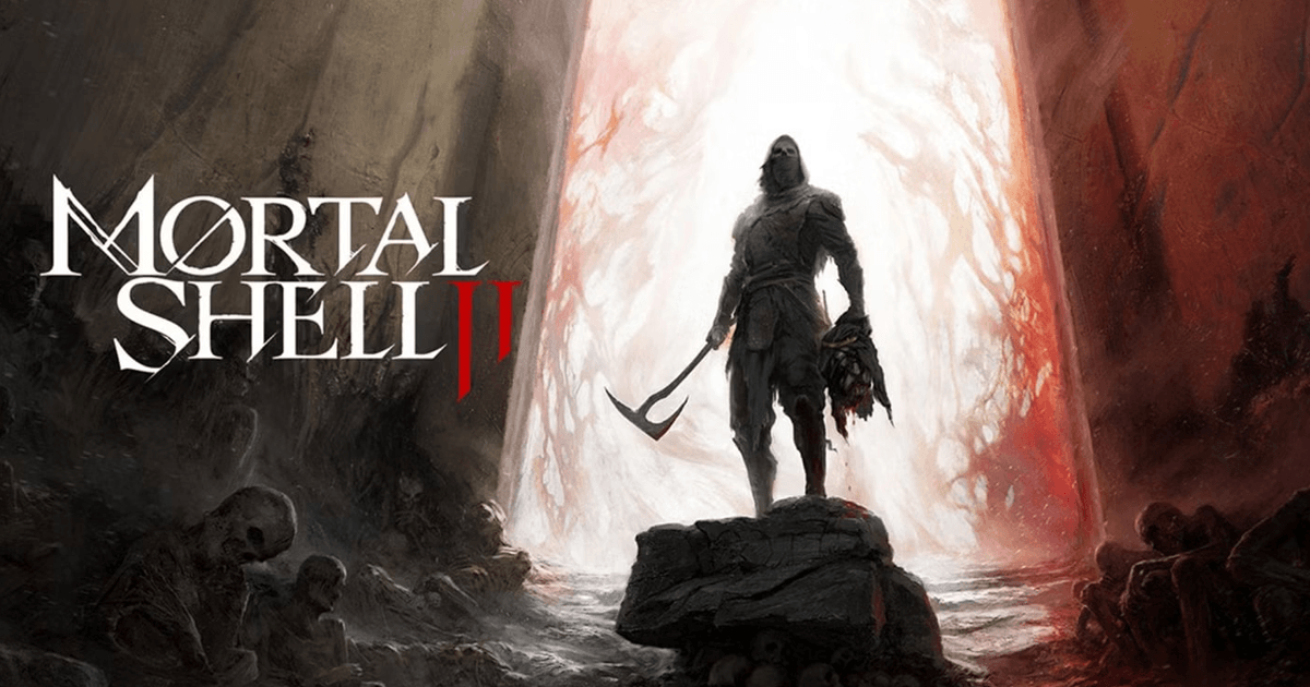 Mortal Shell II key art showing the armored hero standing atop a pile of skulls in front of a glowing portal