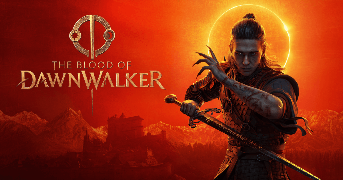 The Blood of Dawnwalker key art showing Coen with clawed vampire hands and a sword in front of a glowing red sun